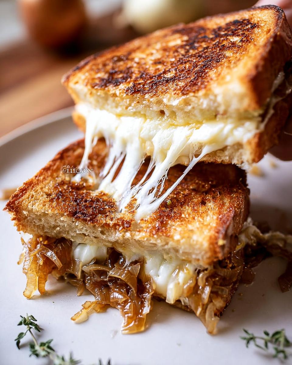 A close-up of a gooey caramelized onion grilled cheese sandwich, with cheese stretching out.