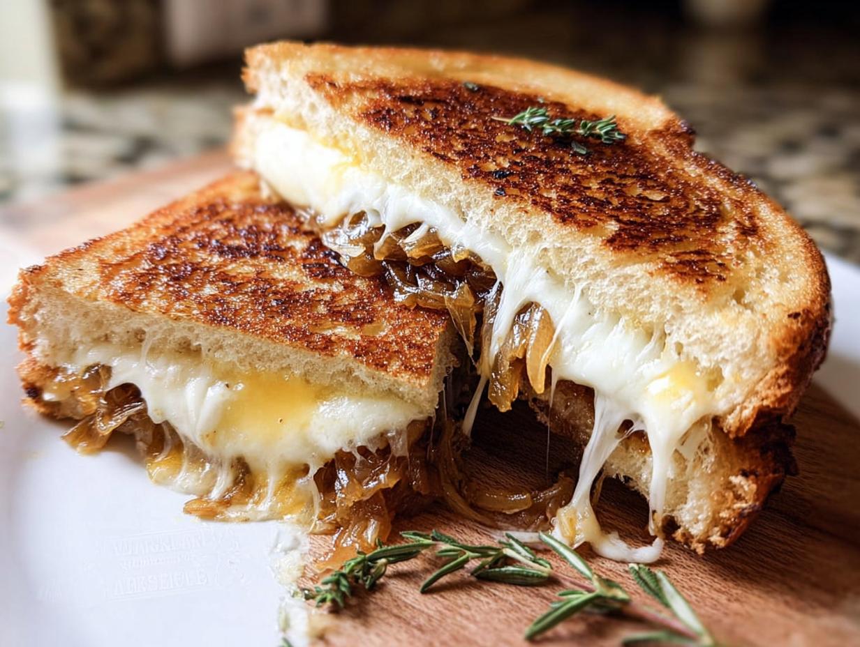 A perfectly grilled cheese sandwich cut in half, revealing melted cheese and caramelized onions. Includes the keyword Grilled Cheese Recipes.