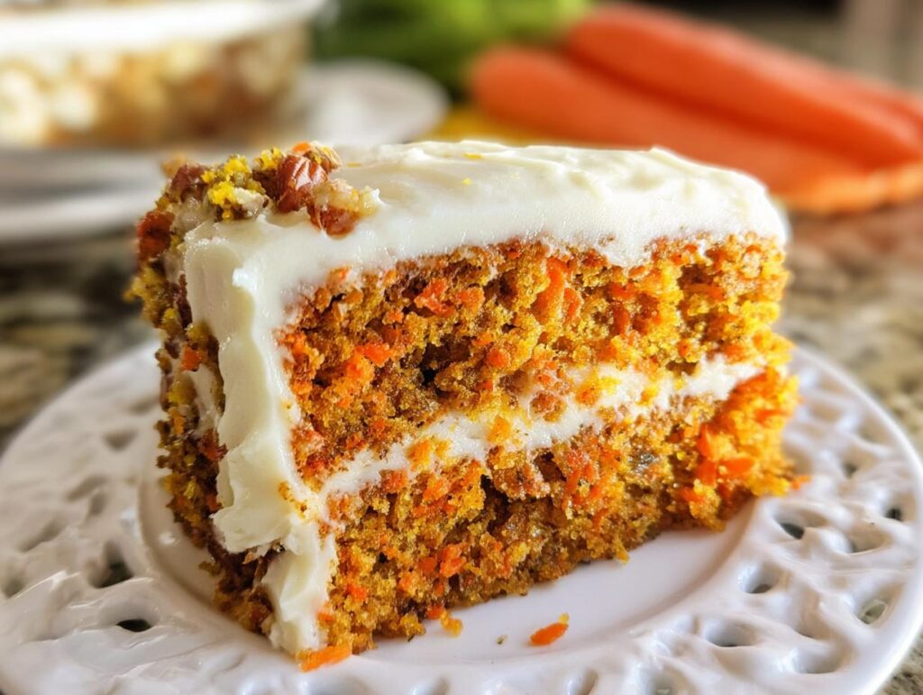 A slice of moist carrot cake with cream cheese frosting and chopped nuts, part of the Ultimate Cake Ideas Recipes Recipe.