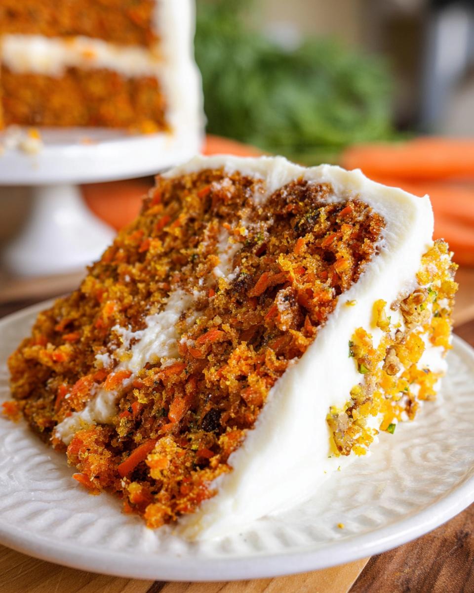 A slice of moist carrot cake with cream cheese frosting, showcasing shredded carrots and walnuts.