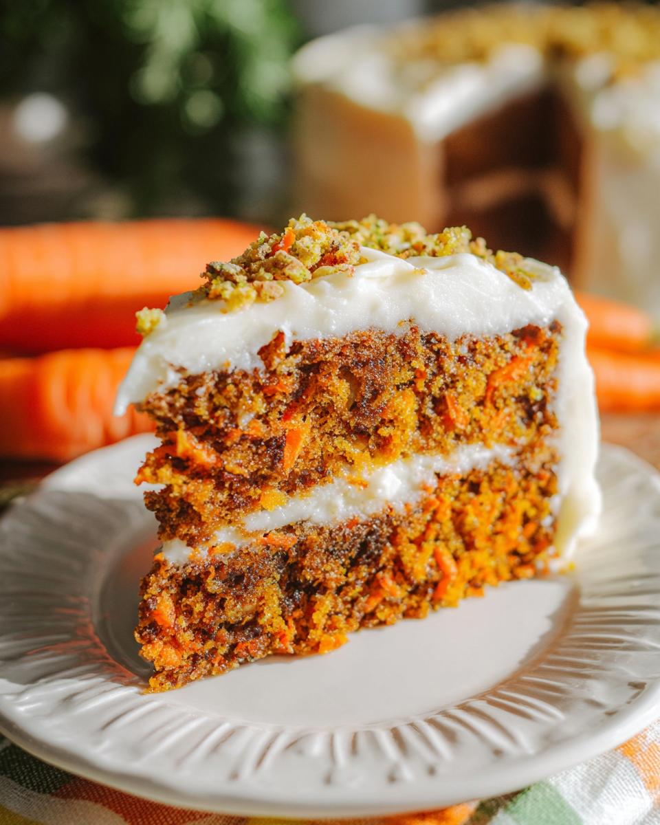 A moist slice of carrot cake with cream cheese frosting and a sprinkle of nuts, part of our ultimate cake ideas recipes.