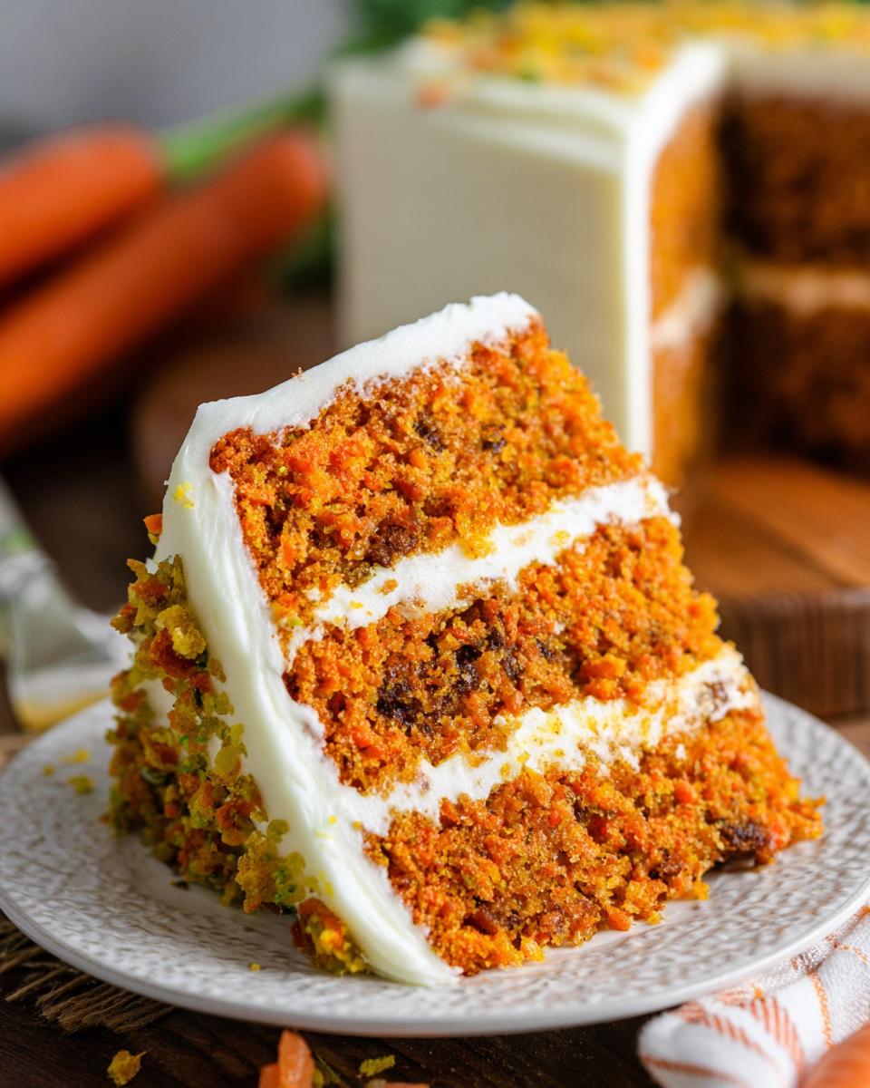 A slice of moist carrot cake with creamy frosting, featuring layers of cake and frosting, decorated with sprinkles.