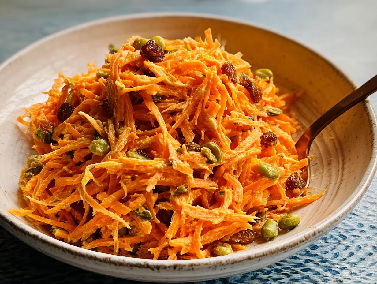 A bowl of shredded carrot salad with edamame and raisins, perfect for quick veggie sides recipes.