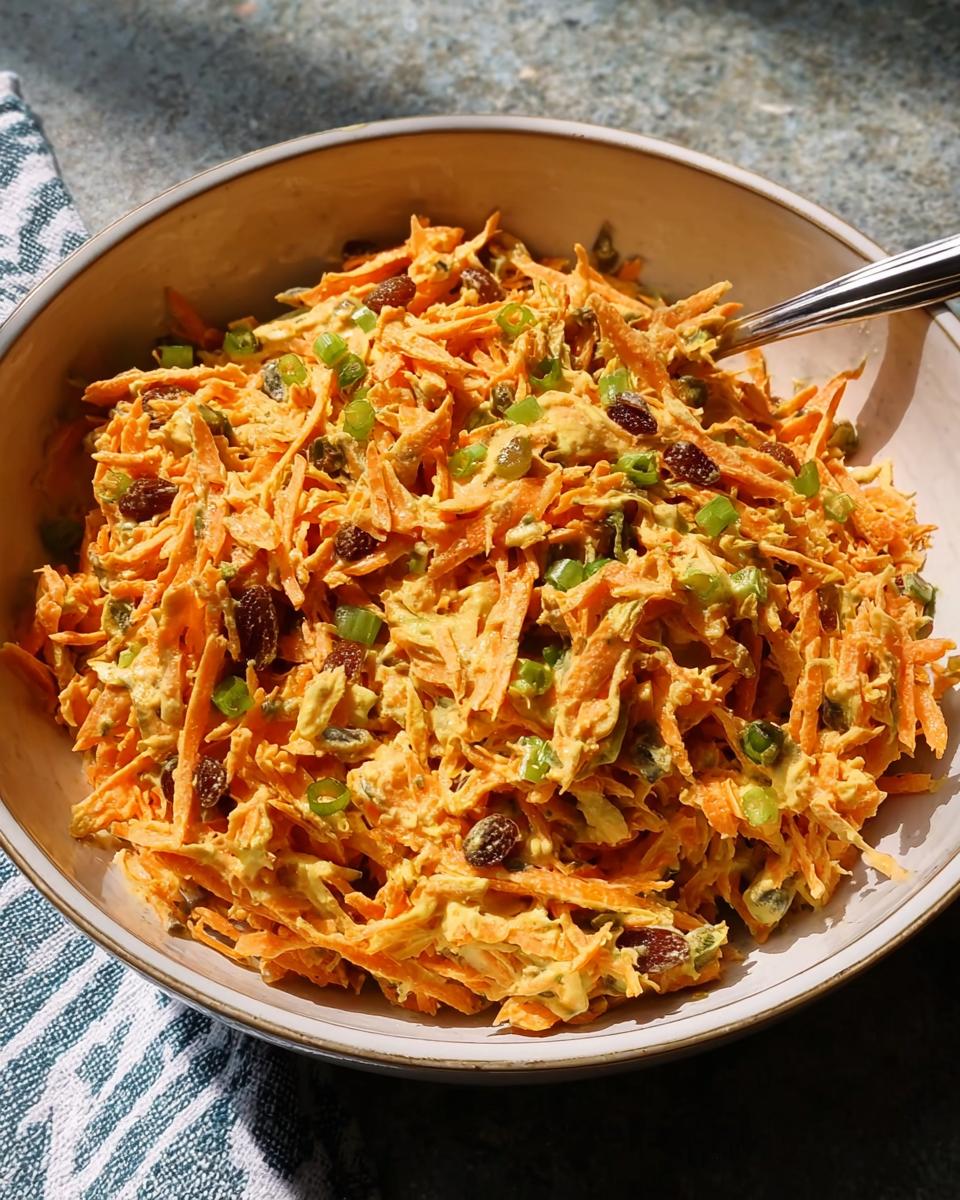 Close-up of a bowl filled with shredded carrot salad, mixed with raisins and green onions, a perfect quick veggie side.