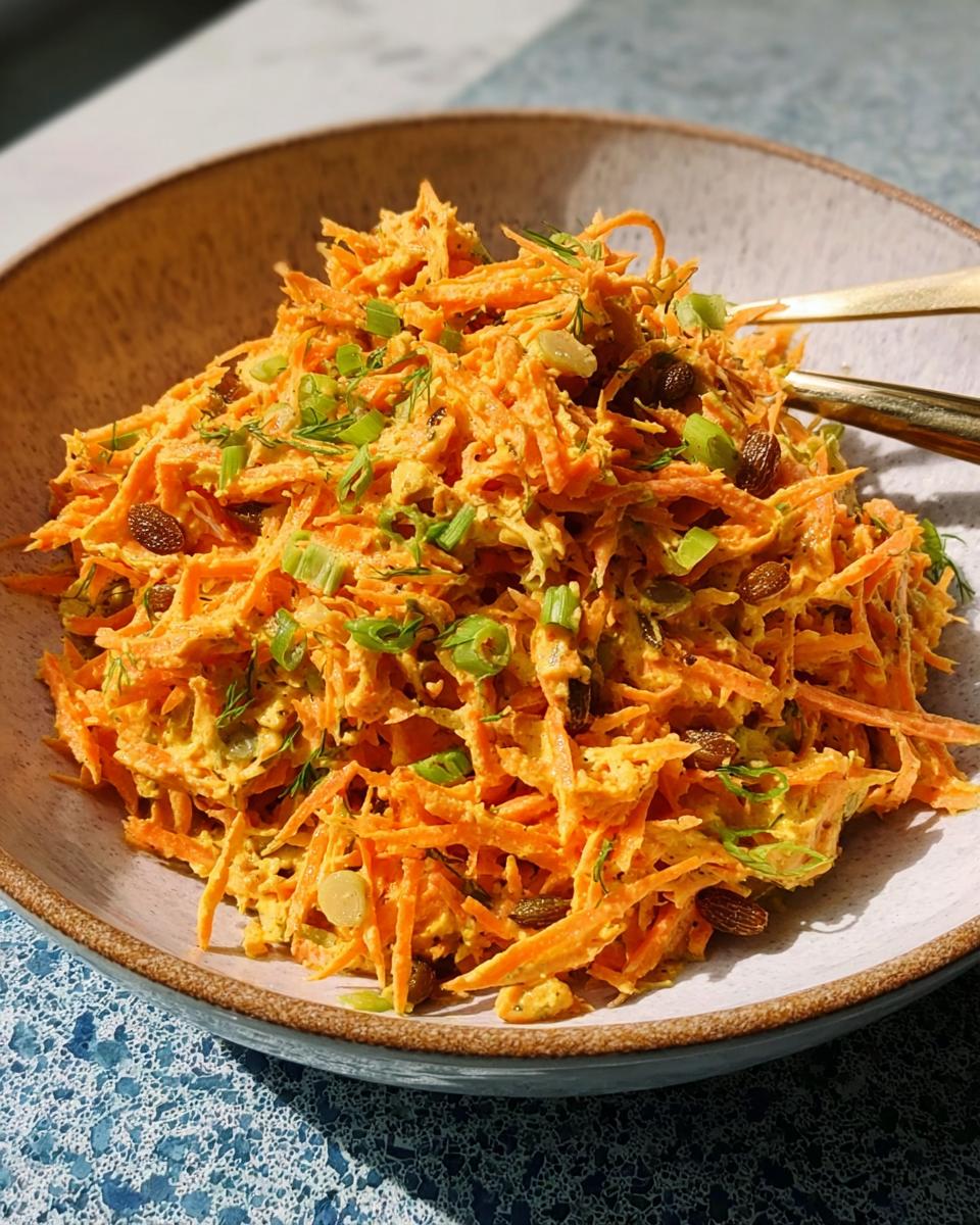 A vibrant bowl of shredded carrot salad with raisins, scallions, and dill, a perfect speedy veggie side.