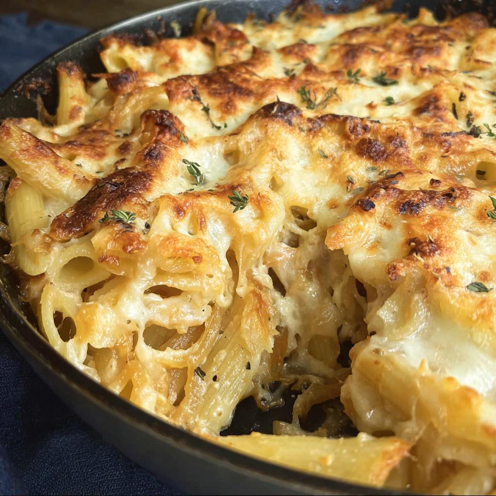 Close-up of a bubbling baked pasta dish with golden-brown cheese and herbs, a perfect pasta recipe.