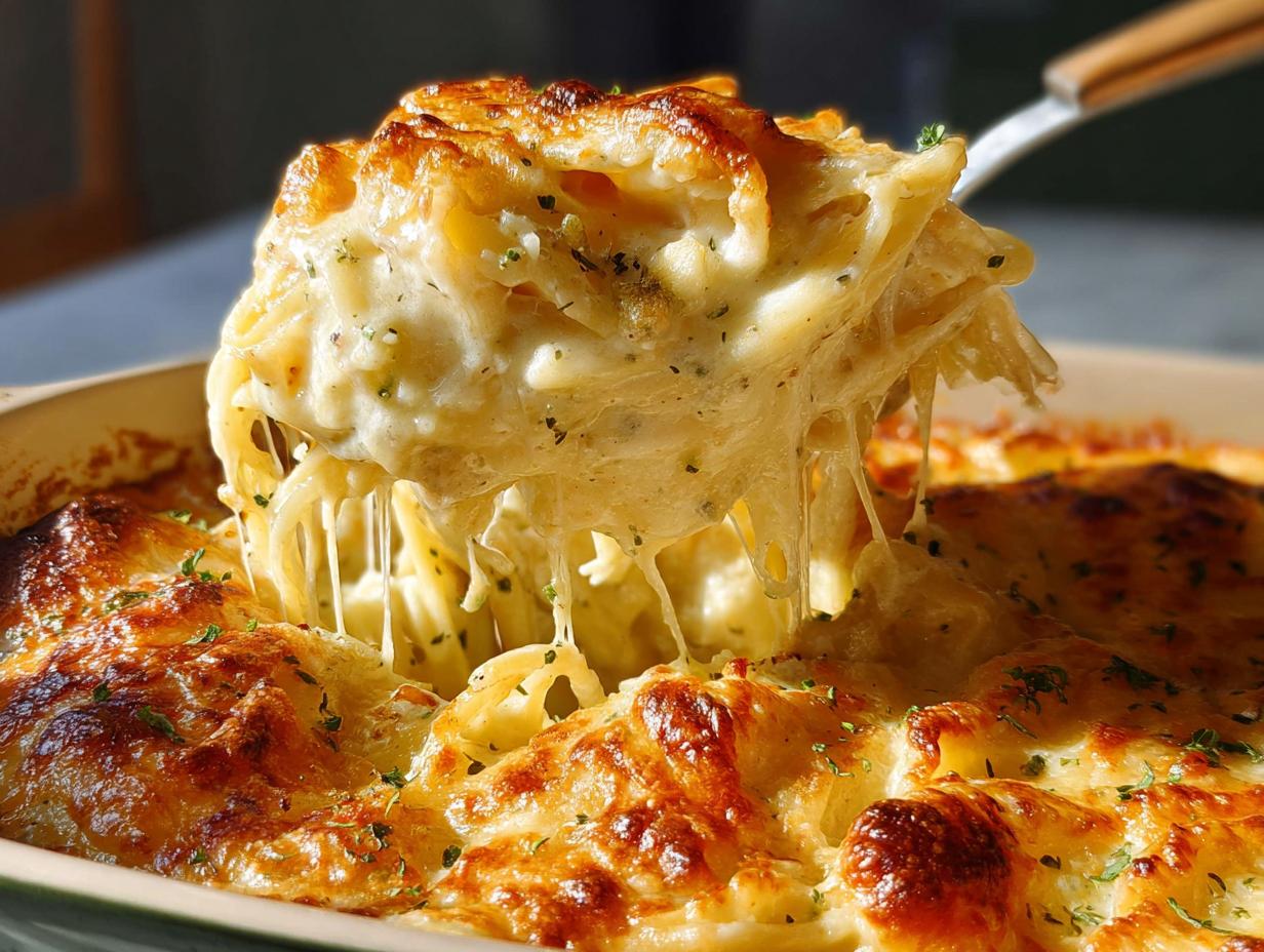A serving spoon lifts a portion of cheesy baked pasta from a casserole dish, showing melted cheese strings. The Only Pasta Recipes.