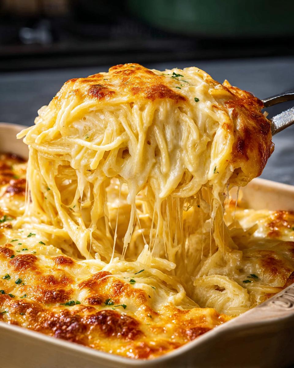 A serving of cheesy baked spaghetti being lifted from a casserole dish, showing long strands of pasta covered in melted cheese.
