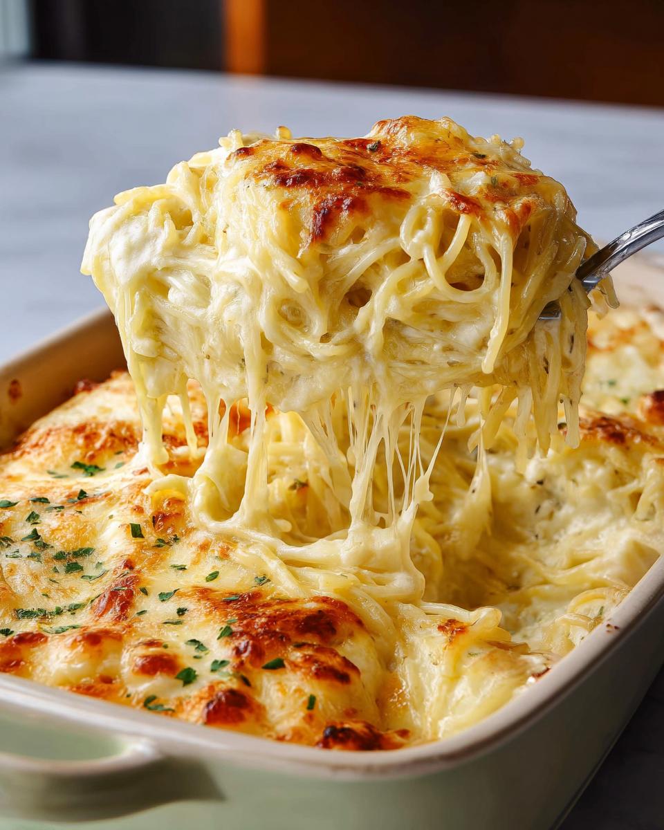 A fork lifting a generous portion of cheesy spaghetti from a baked dish, showcasing long cheese pulls.