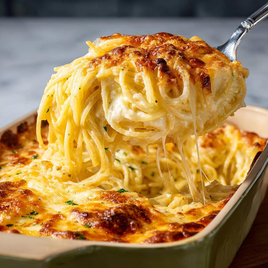 A serving spoon lifts a portion of cheesy spaghetti bake from a casserole dish, showing melted cheese strings.