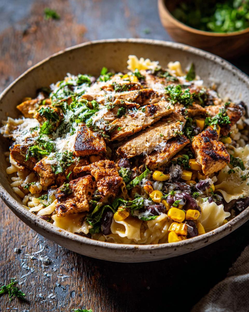 A close-up of a vibrant rice bowl recipe featuring grilled chicken, black beans, corn, and pasta, topped with fresh herbs and cheese.