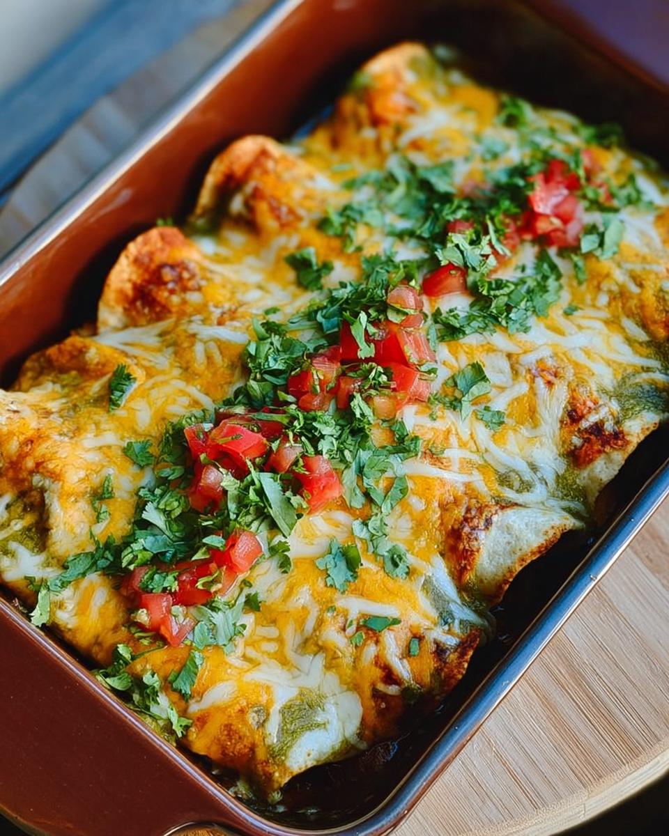 Close-up of baked chicken enchiladas topped with melted cheese, salsa verde, and fresh cilantro and diced tomatoes.