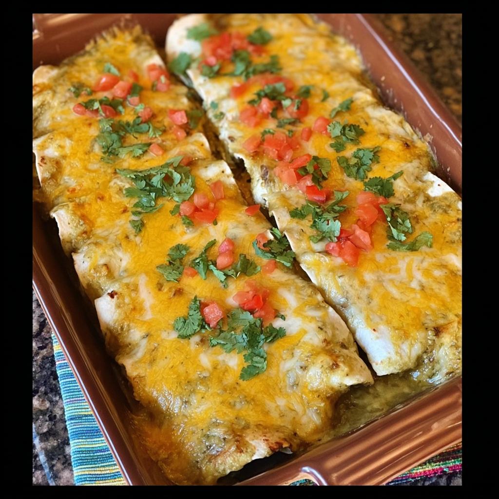 Two chicken enchiladas covered in green sauce, melted cheese, diced tomatoes, and cilantro in a baking dish.