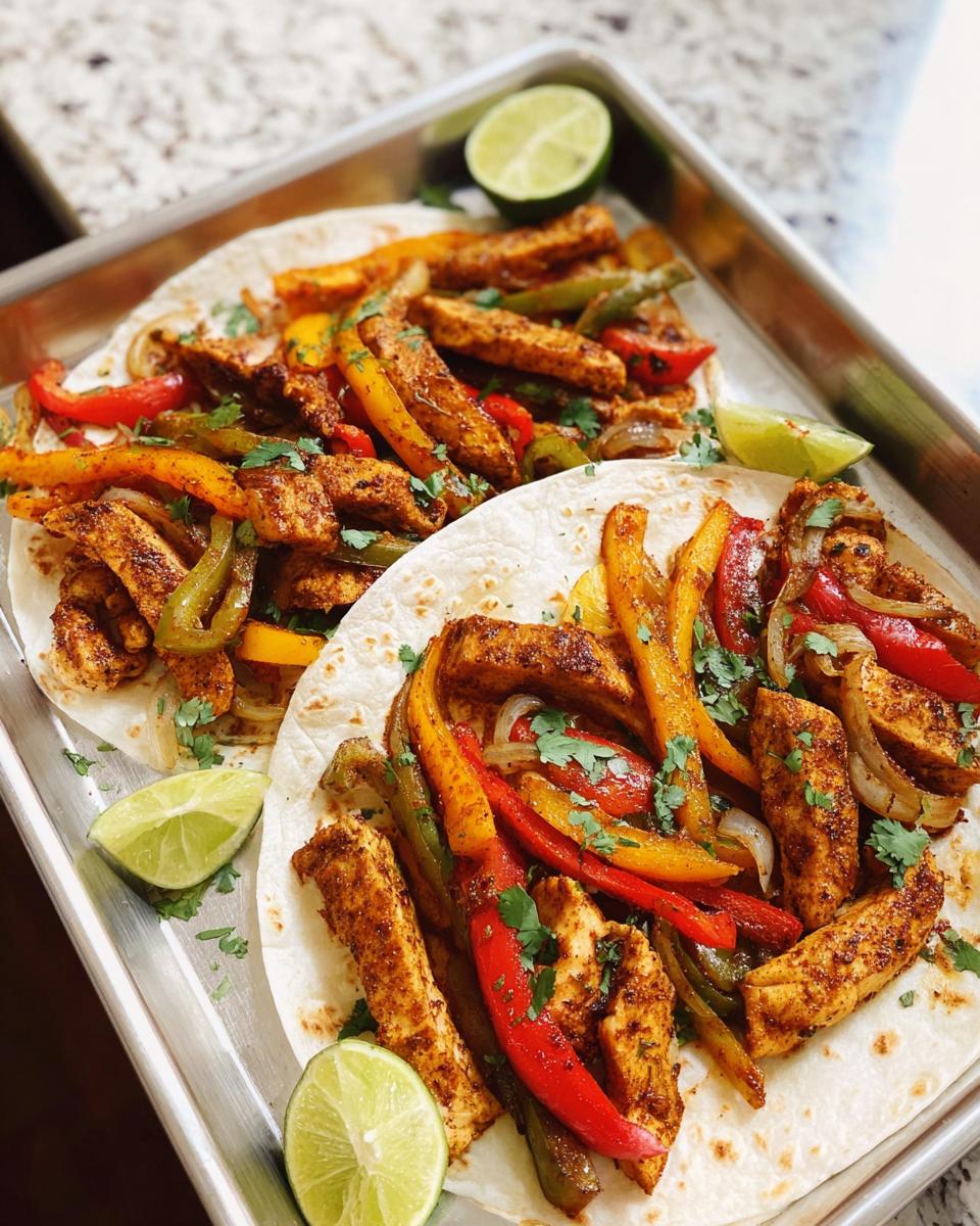 Two chicken fajitas filled with seasoned chicken strips, colorful bell peppers, and onions, garnished with cilantro and lime wedges.