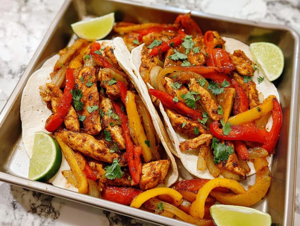 Two chicken fajitas filled with seasoned chicken strips, bell peppers, and onions, garnished with cilantro and lime wedges.