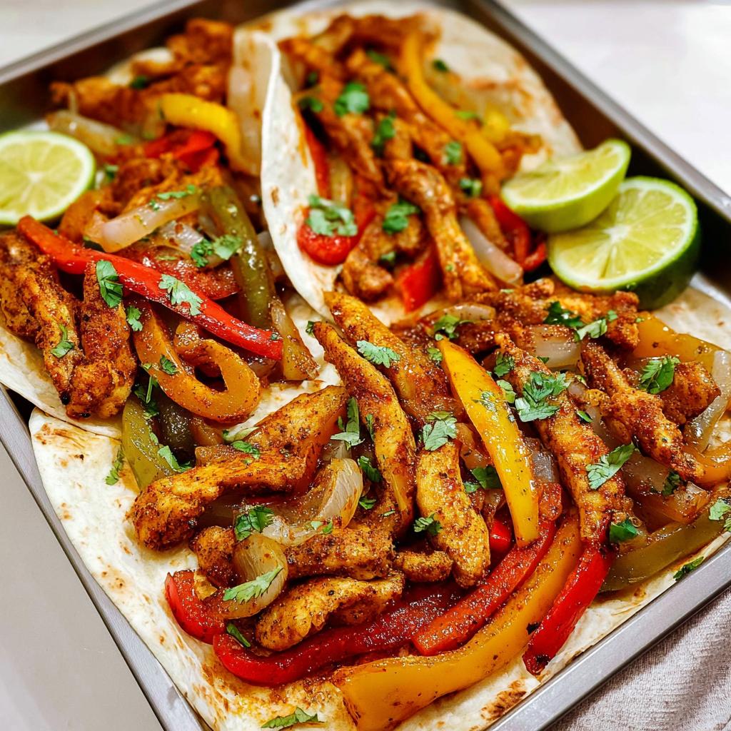 Close-up of chicken fajitas with colorful bell peppers and onions on tortillas, garnished with cilantro and lime.