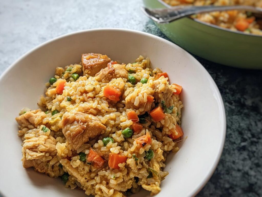 A close-up of a white bowl filled with chicken fried rice, featuring chicken pieces, peas, and carrots.