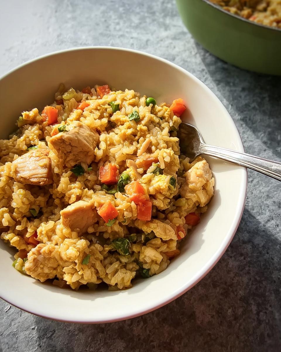A close-up of a white bowl filled with delicious chicken fried rice, featuring chicken pieces, peas, carrots, and scrambled egg. Part of a green pot is visible in the background.