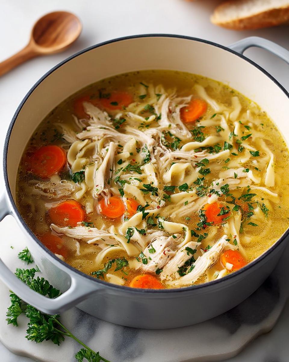 A close-up of a pot filled with comforting chicken noodle soup, featuring shredded chicken, wide egg noodles, and sliced carrots, garnished with fresh parsley.