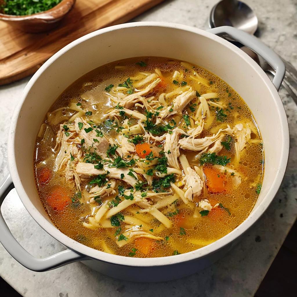 A comforting bowl of homemade chicken noodle soup, featuring shredded chicken, wide noodles, carrots, and fresh parsley.