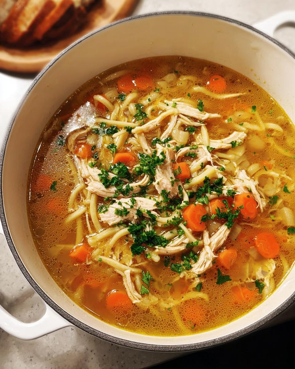 A comforting bowl of homemade chicken noodle soup with shredded chicken, carrots, noodles, and parsley.