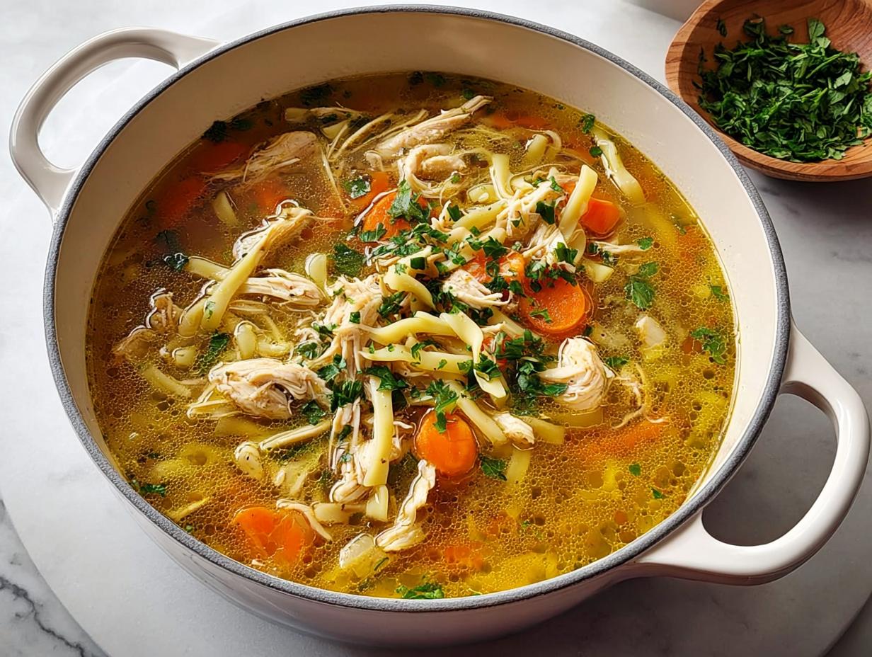 A steaming pot of homemade chicken noodle soup, featuring shredded chicken, wide noodles, carrots, and fresh parsley.