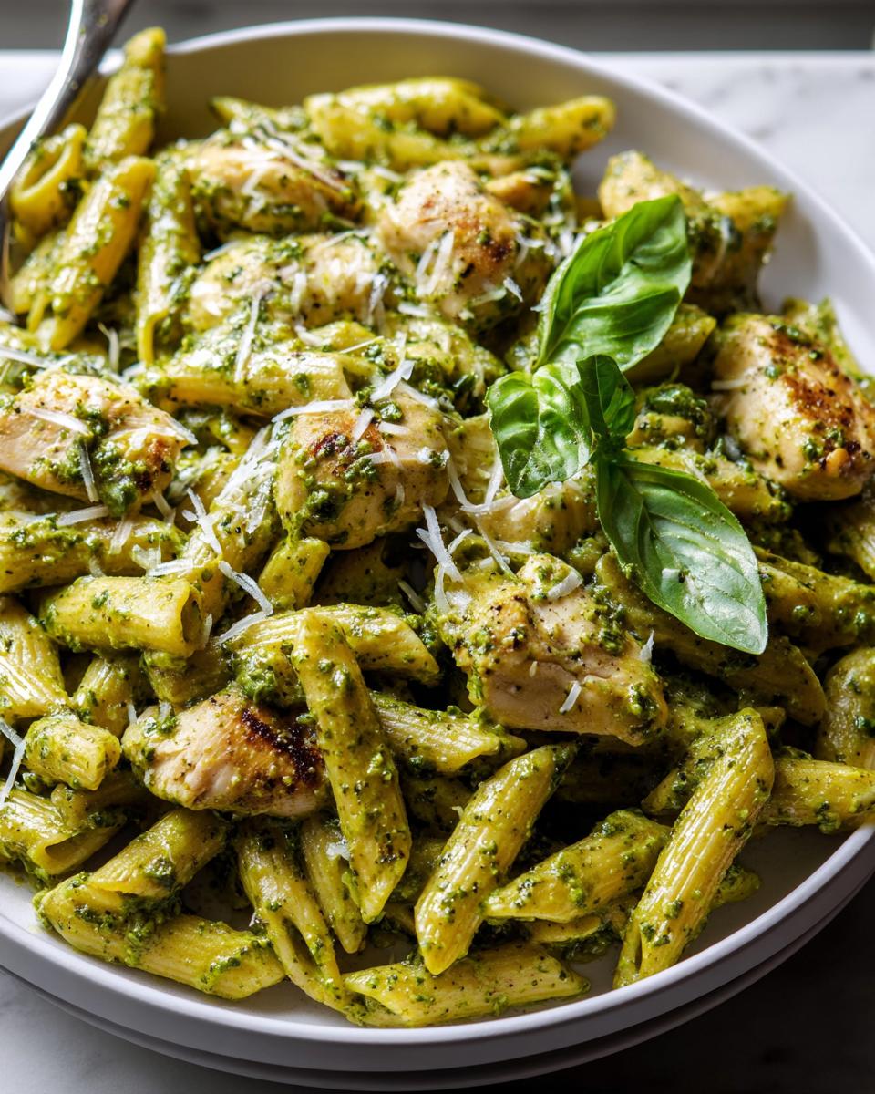 A bowl of chicken pesto pasta with penne, grilled chicken pieces, and fresh basil garnish.