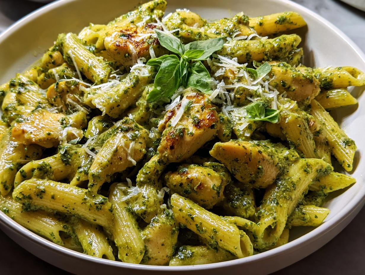 A close-up of penne pasta tossed with grilled chicken pieces and vibrant green pesto sauce, garnished with fresh basil and grated Parmesan.