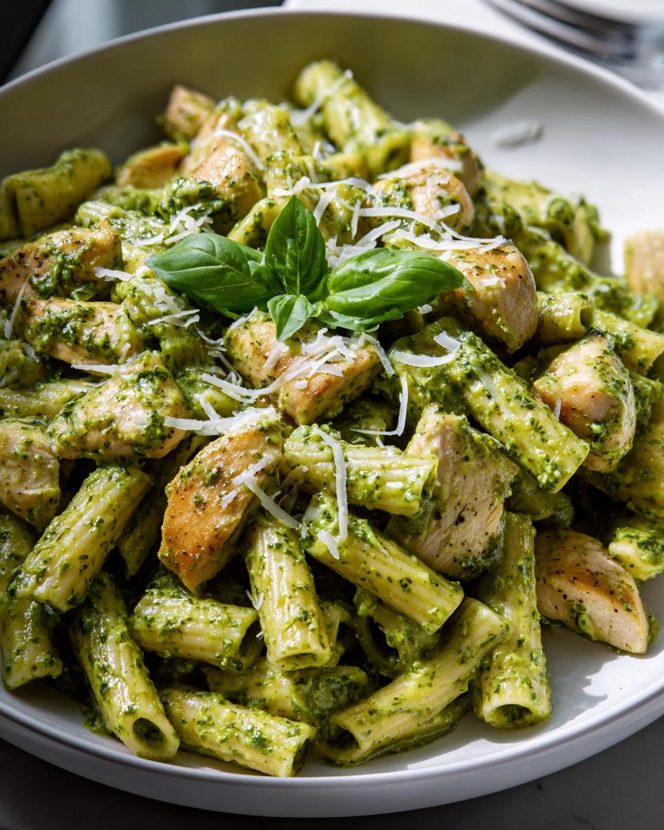 A bowl of chicken pesto pasta with rigatoni, grilled chicken pieces, and fresh basil garnish.
