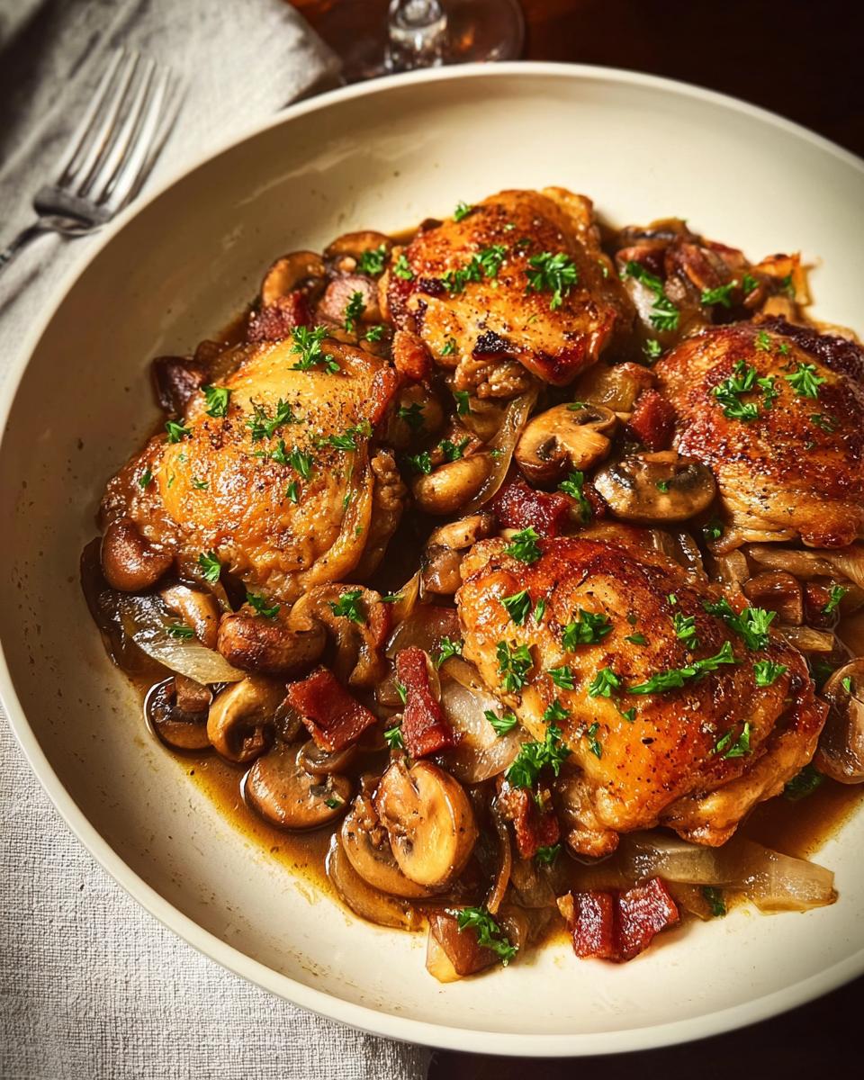 A close-up of a bowl filled with a hearty chicken recipe, featuring tender chicken thighs, sautéed mushrooms, onions, and crispy bacon bits, garnished with fresh parsley.