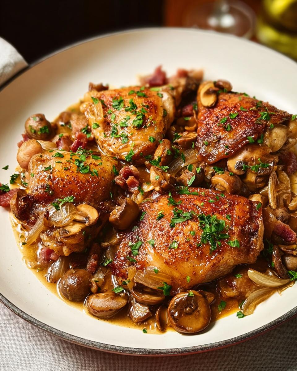 A close-up of a rich chicken recipe dish with crispy chicken thighs, mushrooms, onions, and bacon, garnished with parsley.