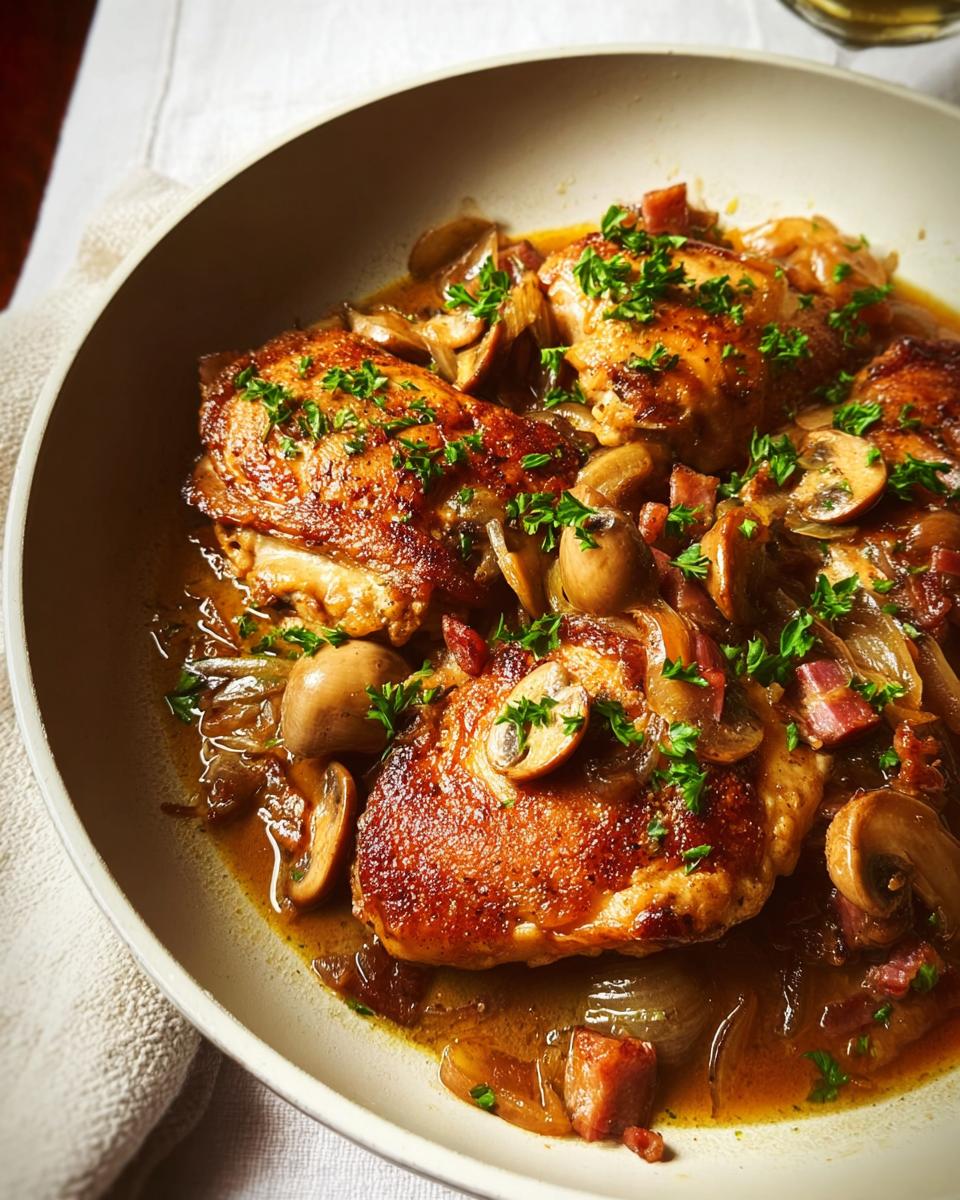 Close-up of a savory chicken recipe with tender chicken thighs, mushrooms, onions, and bacon, garnished with parsley.
