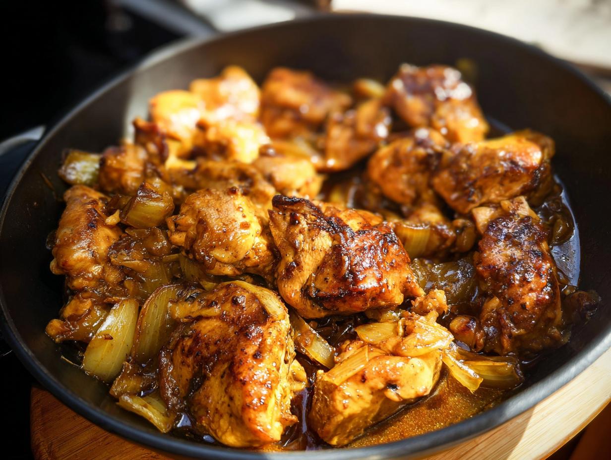 Close-up of tender, glazed chicken pieces and onions in a cast-iron skillet, part of The Only Chicken Recipes Recipe You’ll Need (2025).