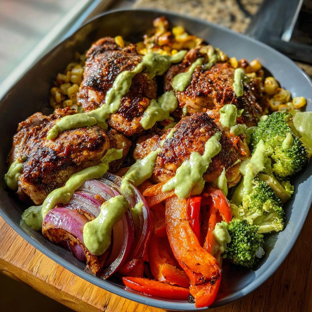 A delicious bowl of chicken recipes in 20 minutes, featuring seasoned chicken thighs, roasted corn, broccoli, bell peppers, and red onion, drizzled with a green sauce.