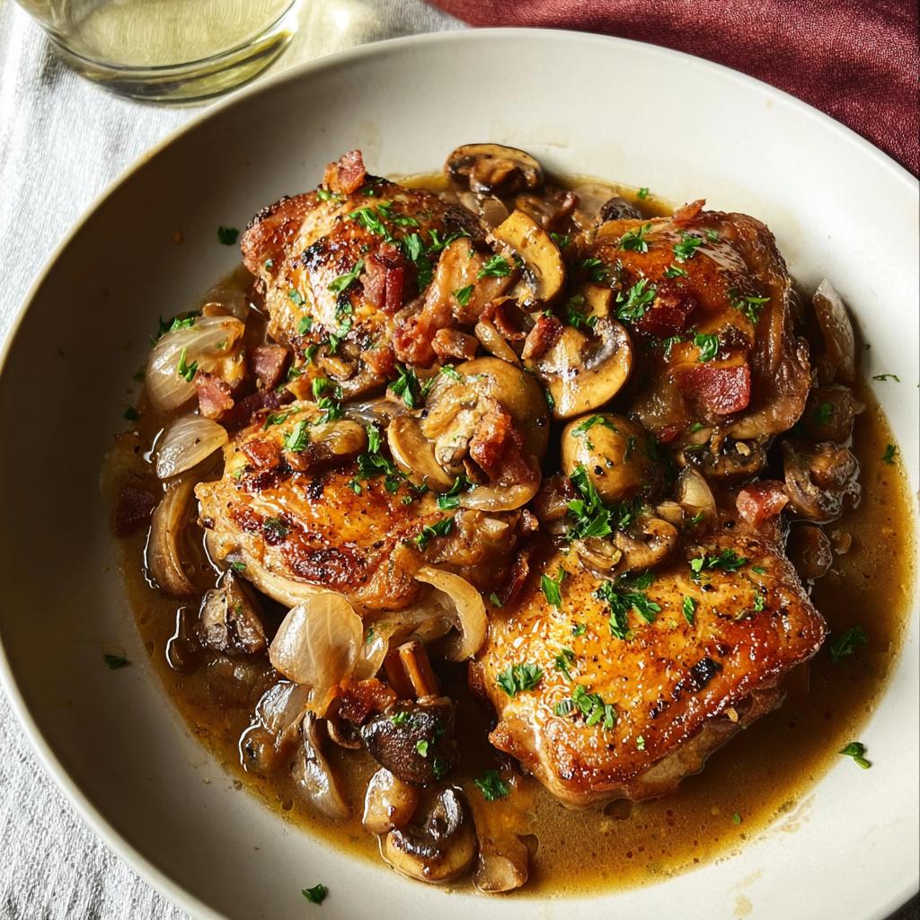 A close-up of a savory chicken recipe dish with mushrooms, bacon, and onions, garnished with parsley.