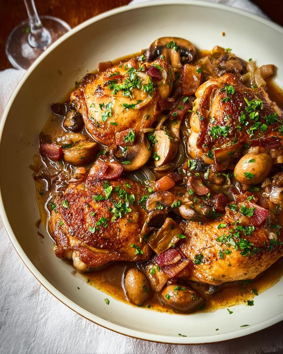 Close-up of a comforting dish of chicken recipes, featuring tender chicken thighs with mushrooms, bacon, and herbs.