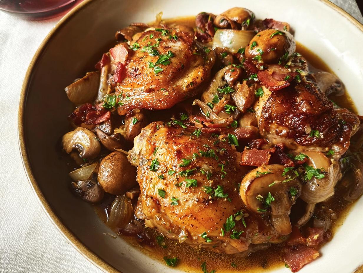 Close-up of tender chicken pieces in a rich sauce with mushrooms, onions, and crispy bacon bits, a star of these chicken recipes.