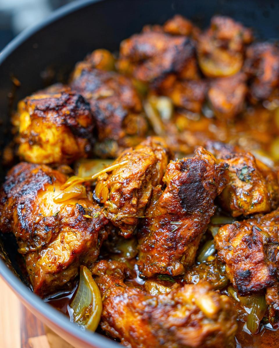 Close-up of juicy, browned chicken pieces with onions and spices in a skillet, part of the best chicken recipes.