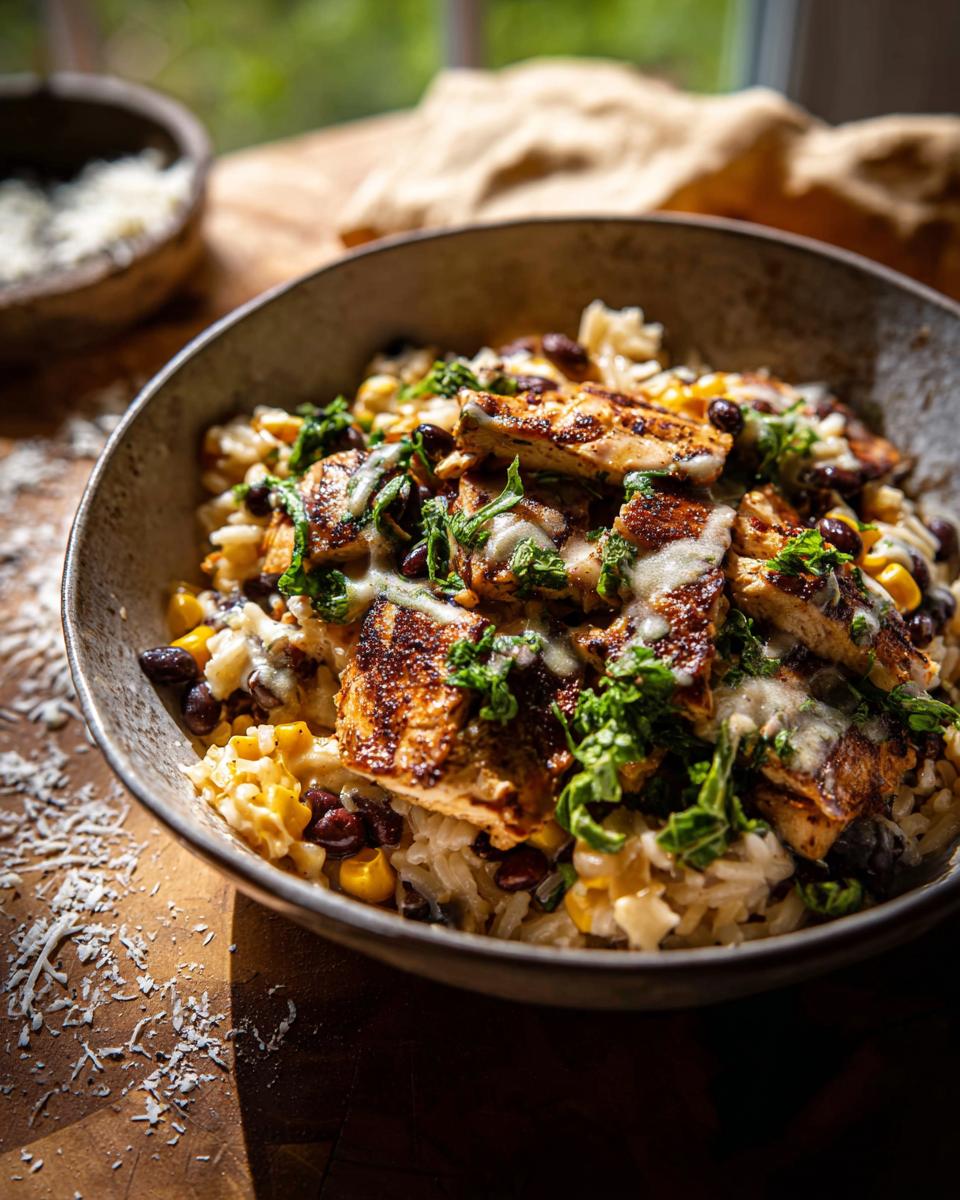 A close-up of a delicious chicken rice bowls recipe with grilled chicken, black beans, corn, and cheese.
