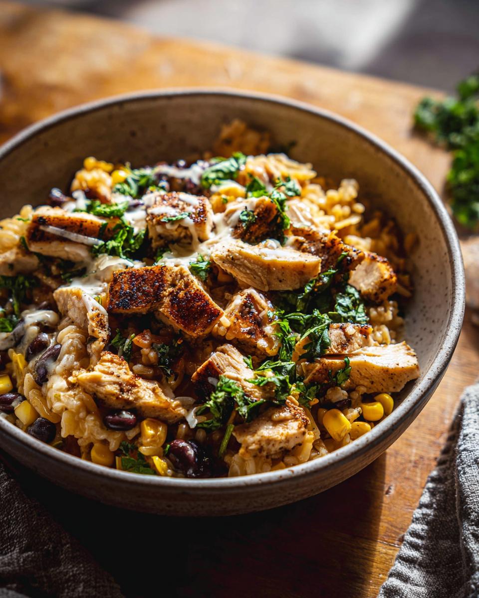 A close-up of a hearty chicken rice bowl recipe with grilled chicken, black beans, corn, and cilantro.