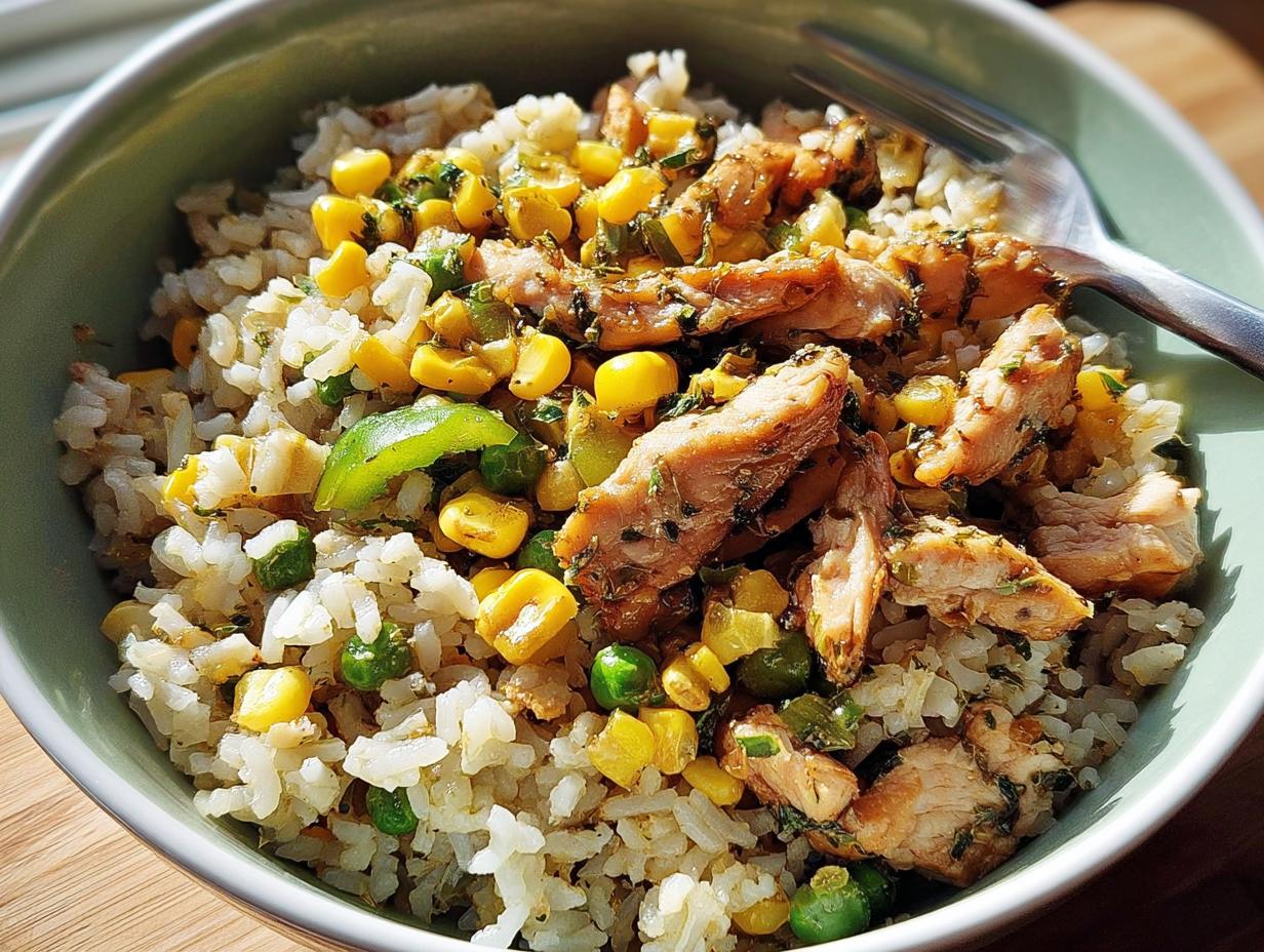 A close-up of a chicken rice bowls recipe with corn, peas, and bell peppers.