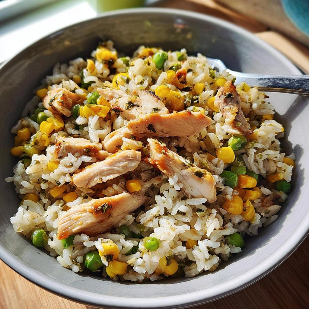 A close-up of a chicken rice bowl recipe with rice, corn, peas, and sliced chicken.