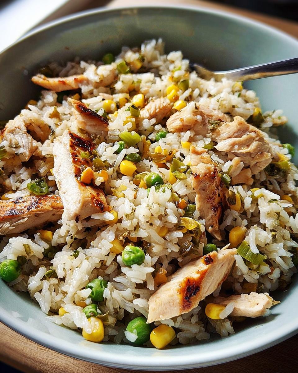 Close-up of a chicken rice bowl with peas and corn, a popular rice bowls recipe.
