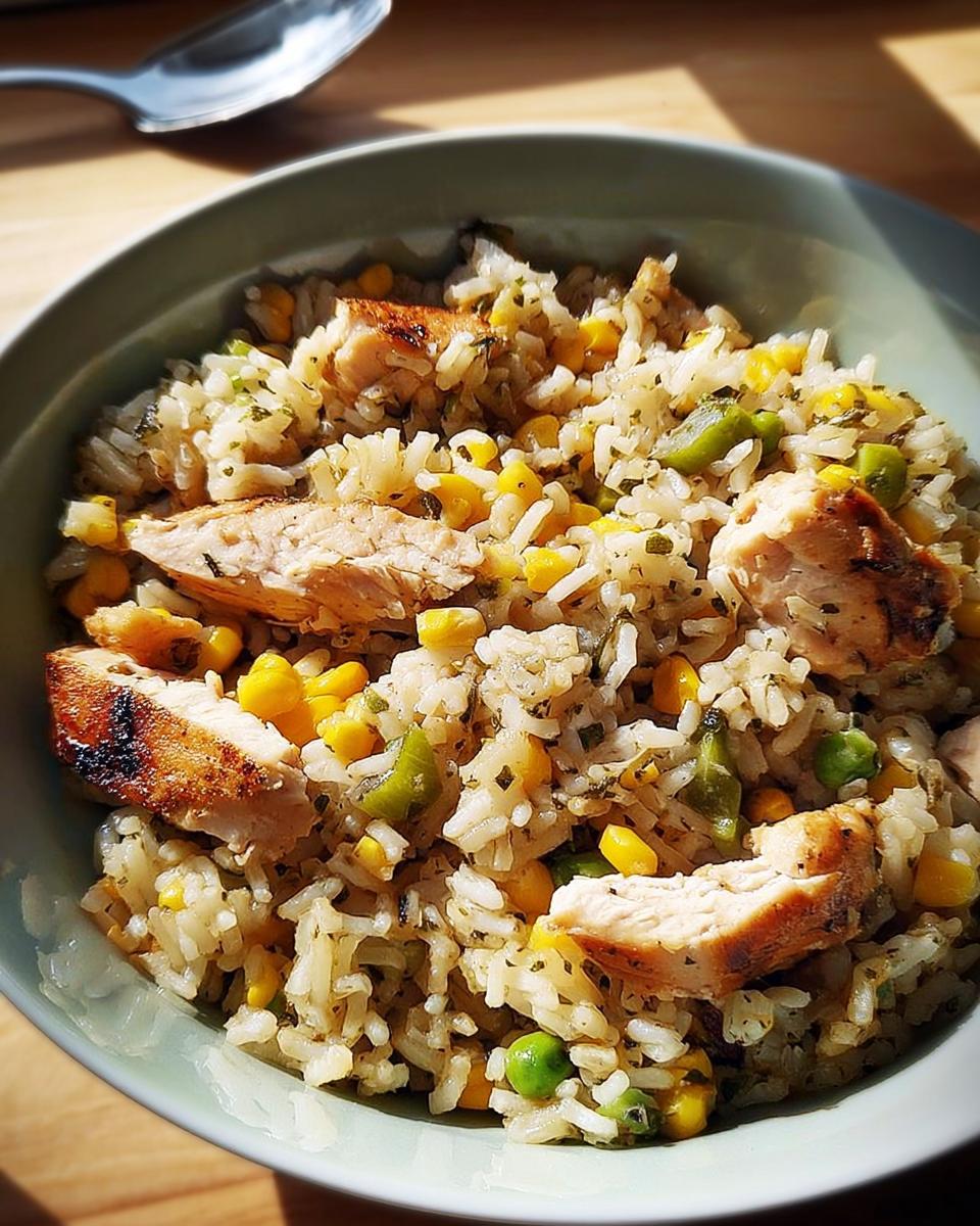A close-up of a bowl filled with a chicken rice bowls recipe, featuring rice, grilled chicken, corn, peas, and herbs.