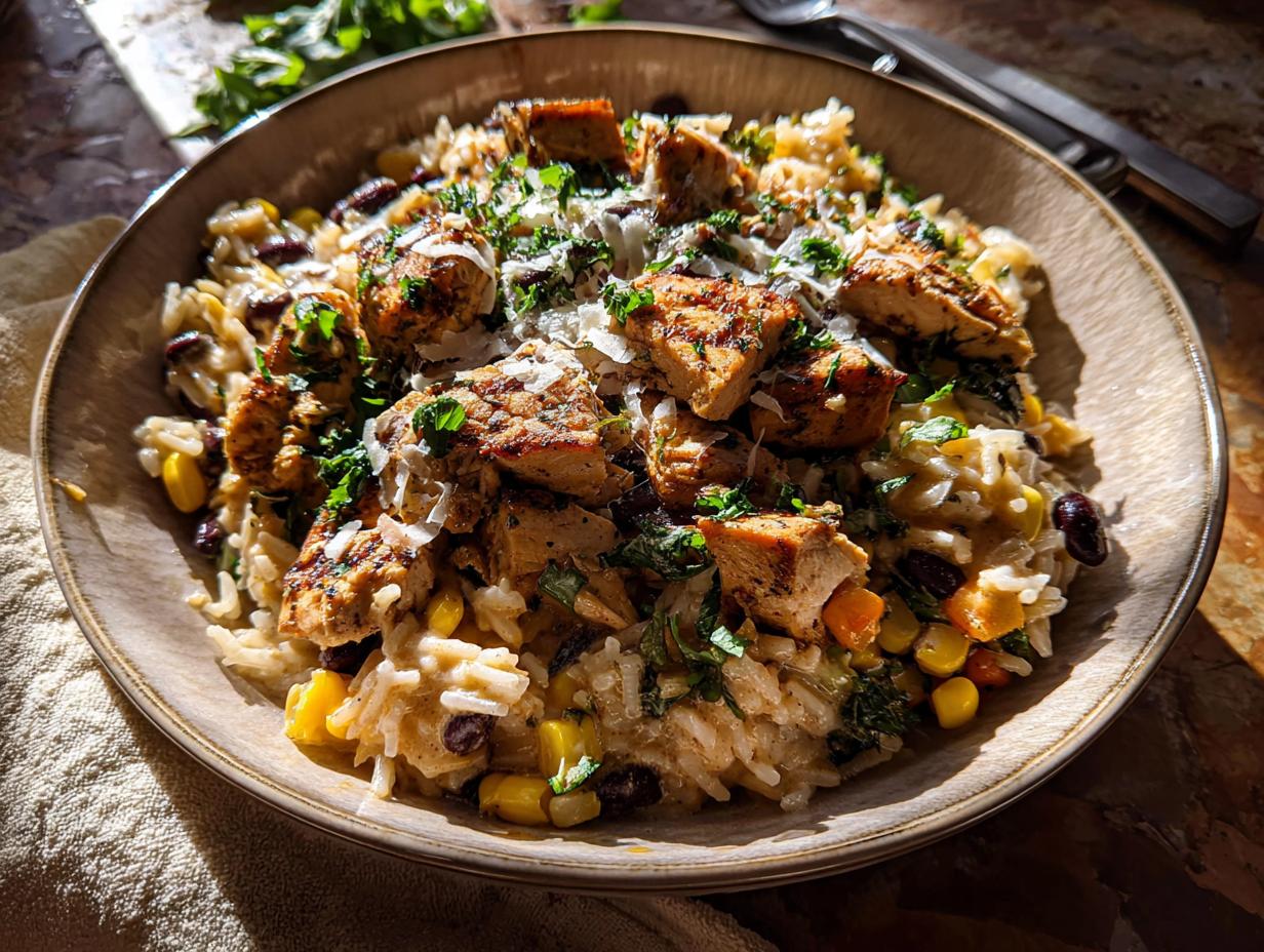 A bowl of rice with grilled chicken, corn, beans, and herbs, part of The Only Rice Bowls Recipes Recipe You’ll Need (2025).