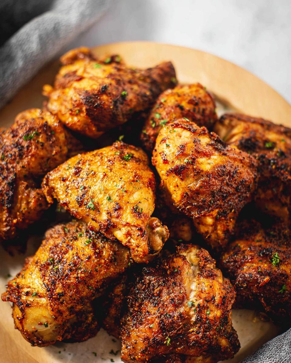 Close-up of a pile of crispy baked chicken thighs, seasoned with herbs and spices.