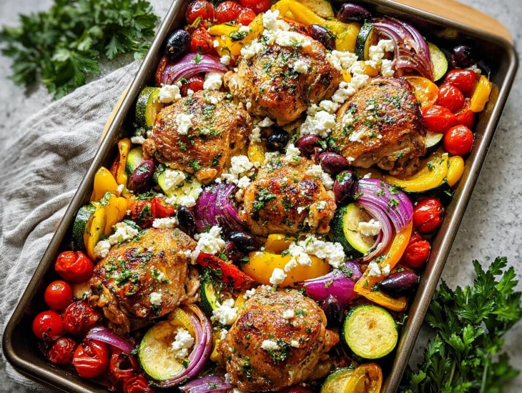 A colorful sheet pan meal featuring roasted chicken thighs with bell peppers, zucchini, red onion, cherry tomatoes, olives, and feta cheese.