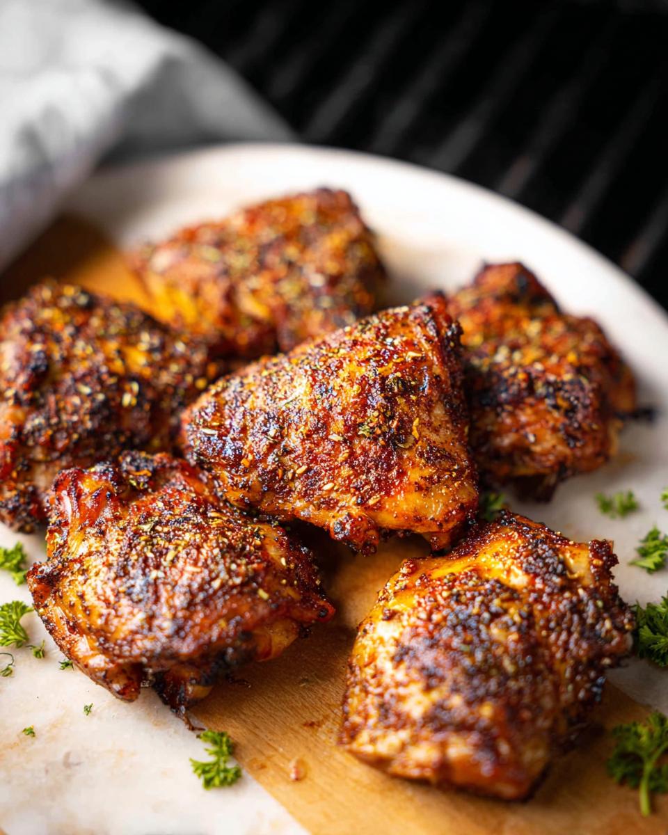 A close-up shot of perfectly seasoned and roasted chicken thigh recipes, garnished with fresh parsley.