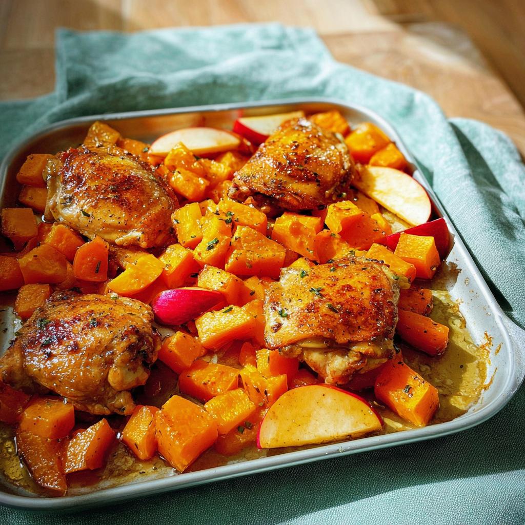 Close-up of a baking sheet filled with roasted chicken thighs, diced butternut squash, and apple slices, seasoned with herbs.