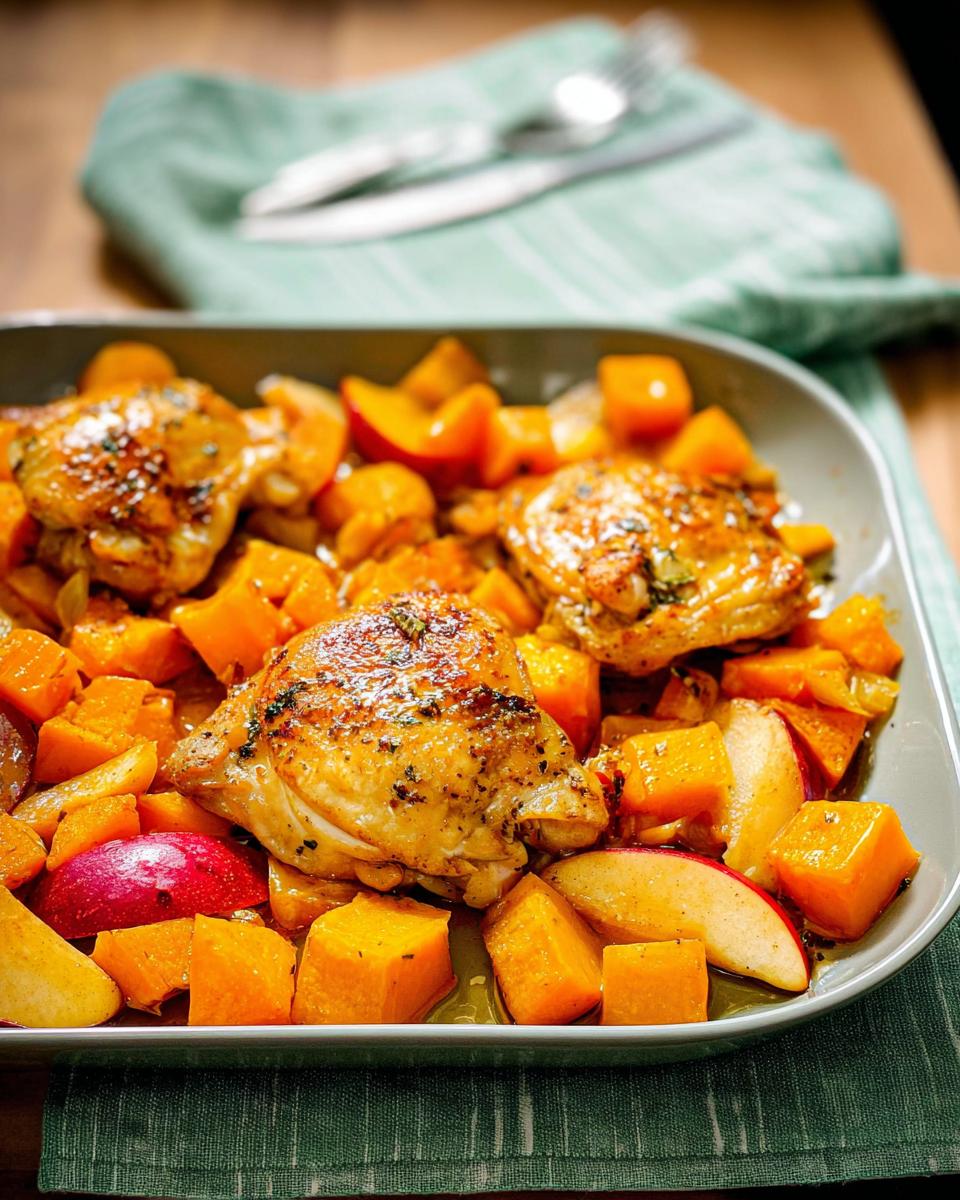 Close-up of juicy roasted chicken thighs nestled amongst chunks of butternut squash and apple slices in a baking dish.